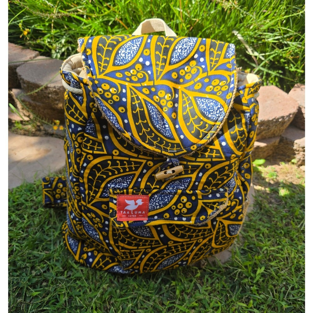 Taaluma Totes Blue Yellow Leaf Print Burlap Flap Drawstring Backpack